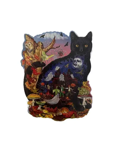 Puzzle en Bois Halloween : Chat Noir et Scène Effrayante – Taille L